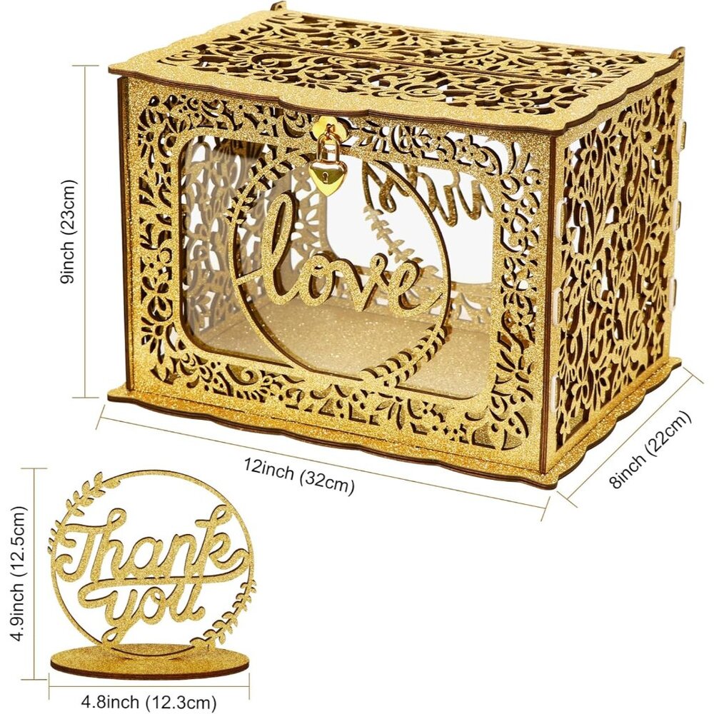 Gold Card Box for Wedding, Glitter Wooden Wedding Card Box with Heart Lock and S - Picture 2 of 6